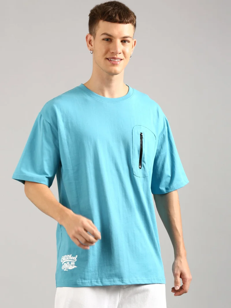 Joven Men Sky Blue Printed and Zipper Pocket Pure Cotton Oversized T-Shirt